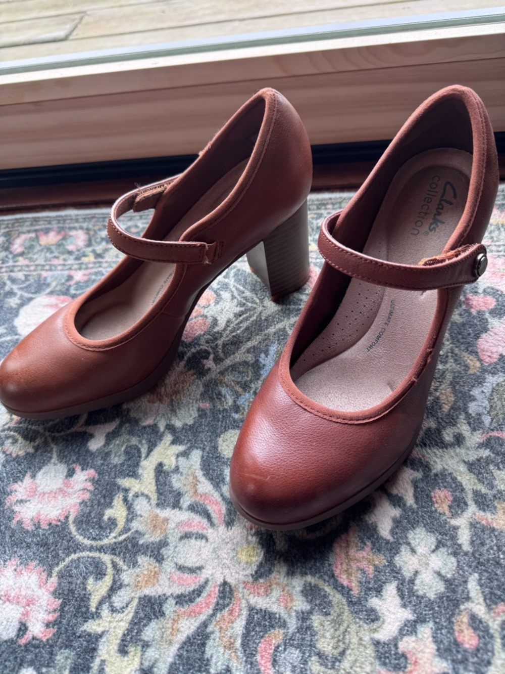 Clarks Chestnut Brown Mary Jane Block Heel